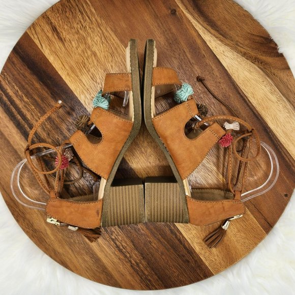 Maurices Ember Sandals 7 Camel Brown Zip Back Strappy Lace Up Tassel Stack Heel - Picture 7 of 13